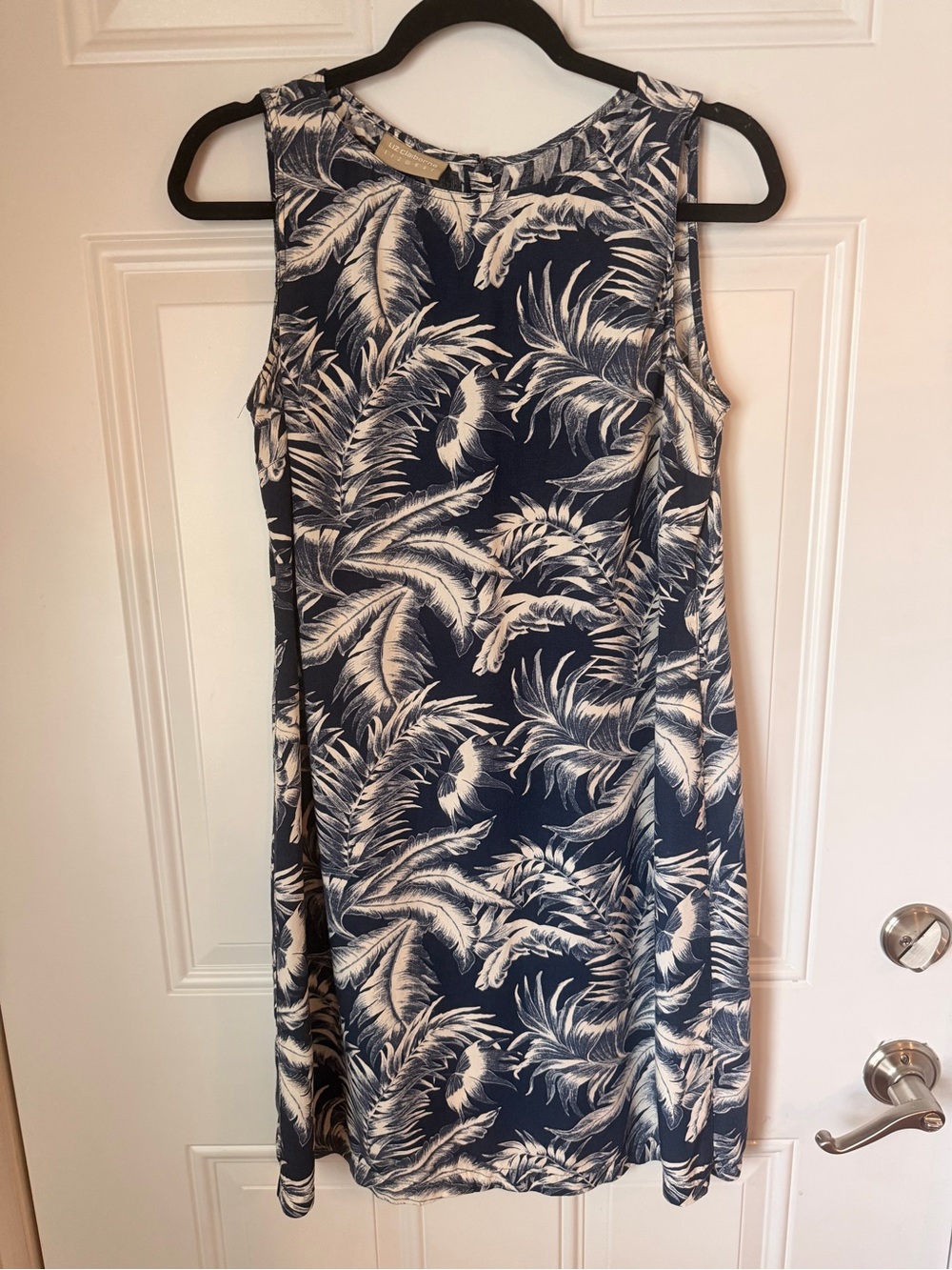 Liz Claiborne Navy and White Tropical-Print Sleeveless Shift Dress